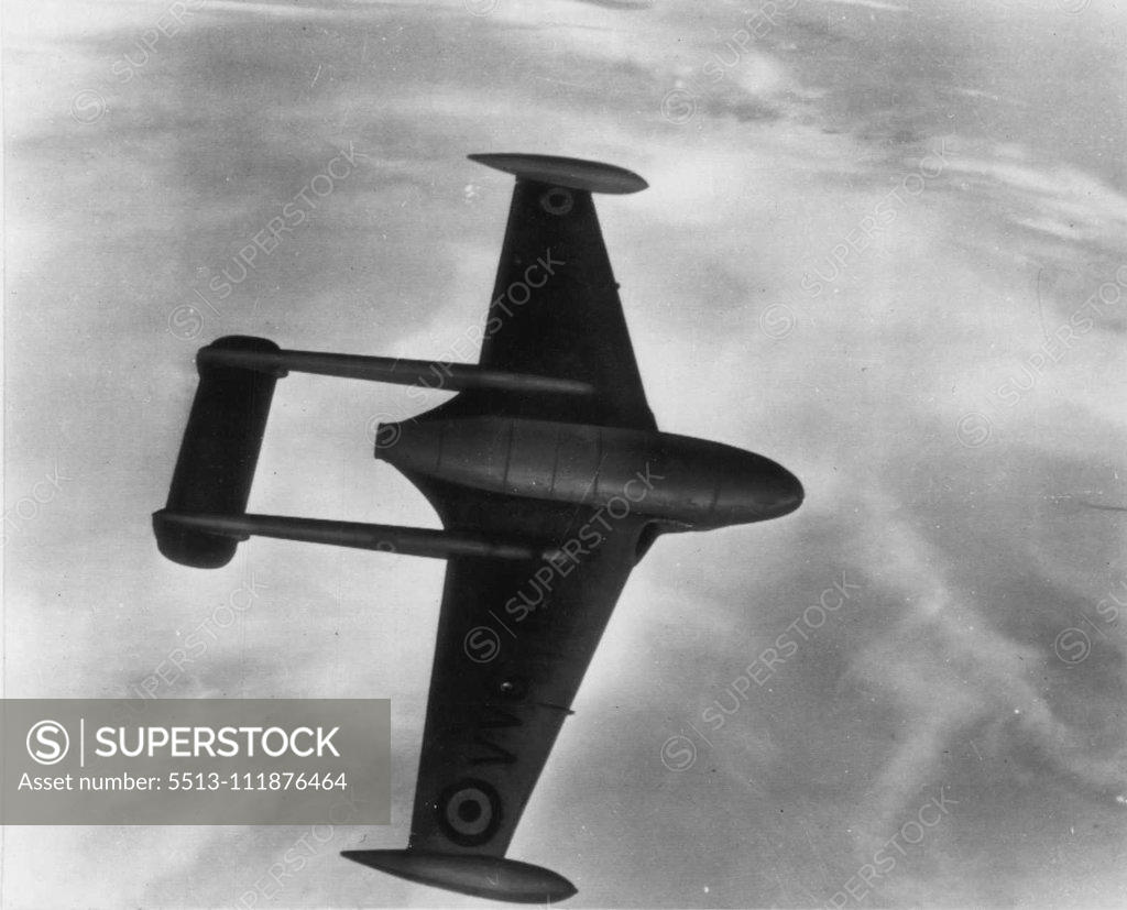 Stock Photo: 5513-111876464 New British Jet Interceptor -- The British de Havilland Venom, a new jet interceptor shown in flight here, is being produced of factory assembly lines for the Royal Air Force seven months after the plane's first test flight. The Venom is similar in design to the jet fighter Vampire but has a two-thirds increase in power, provided by the de Havilland Ghost engine of 5,000-lb. static thrust. The engine, in its civil form, is used to power the Comet jet airliner. May 5, 1950. (Photo by AP Wirephoto