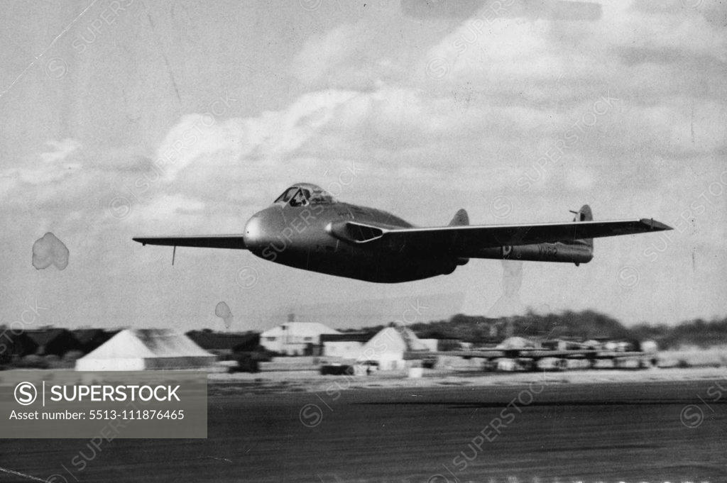 Stock Photo: 5513-111876465 'Secret ' Is Out - And In The Air Britain's New Jet Fighter -- Taken off the secret list only yesterday, the De Havilland 112 'Venom' high altitude jet-powered interceptor is pictured to-day, Tuesday, skimming the airfield at Farnborough, Hampshire, where the machine is included in the 10th Flying Display and Exhibition of the Society of British Aircraft Constructors. De Havilland test. pilot John Derry was at the controls. In this picture, the Venom is seen without the jettisonable streamlined 