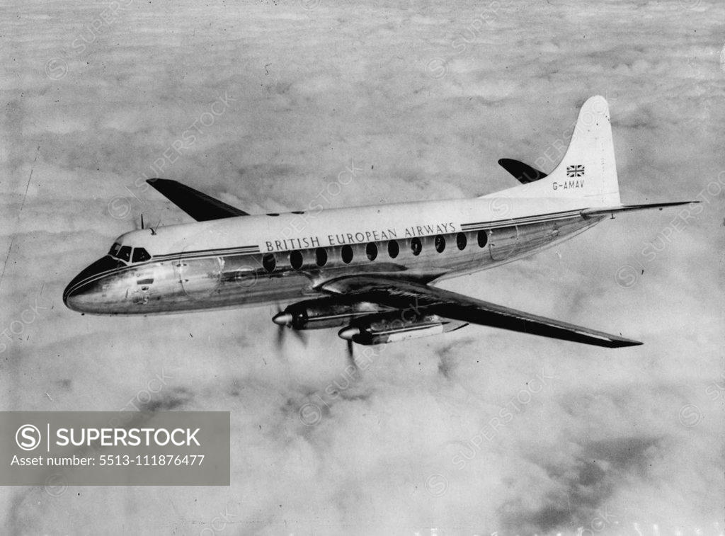 Stock Photo: 5513-111876477 Coming Soon -- It is expected that in October British European Airways will take a first delivery of the Vickers Viscount 700 - of which this is a new picture in flight - the world's first propeller-turbine air liner. It is powered by four Rolls-Royce 'Dart' engines. The Viscount, one of the brilliant new aircraft carrying Britain into the leadership of world civil aviation, is also in brisk demand among overseas airlines. In addition to the 20 under construction for B.E.A., 12 Viscounts have be