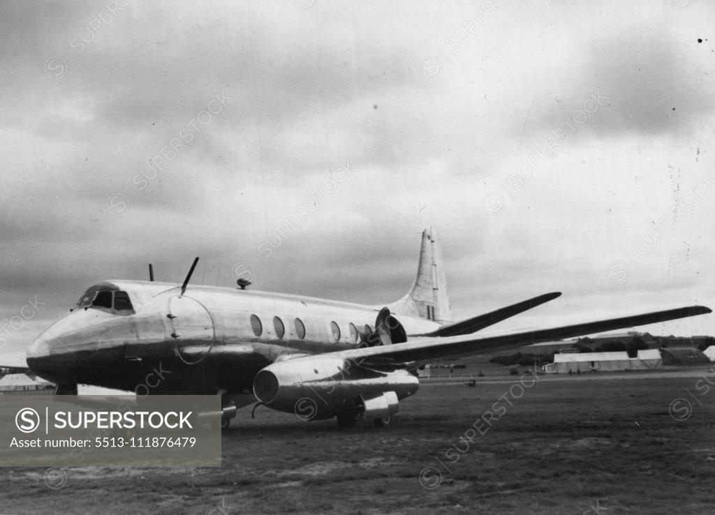 Stock Photo: 5513-111876479 Franborough Showpiece -- Two Rolls-Royce Tay jet engines provide the power for this Vickers Viscount which has been built for the Ministry of Supply for research and development. It is one of about 60 different types of civil ad military plane taking part in the air display being staged here by the society of British Aircraft constructors. September 05, 1950.;Franborough Showpiece -- Two Rolls-Royce Tay jet engines provide the power for this Vickers Viscount which has been built for the Ministry