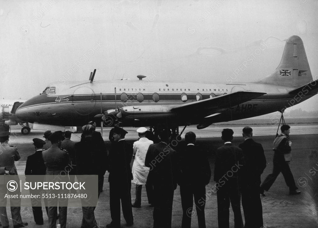Stock Photo: 5513-111876480 Our Latest Aircraft -- The "Vickers Viscount" being inspected at Northolt airport today. British European Airways has opened negotiations with Vickers-Armstrong Ltd. for the purchase of a number of Viscount V-700 commercial aircraft - one of the most outstanding aircraft flying today - it was announced at a luncheon at Northolt Airport today. The Viscount is expected to be the first airliner in the world powered by "prop-jets" to go into service on an airline The first of them landed at Northolt