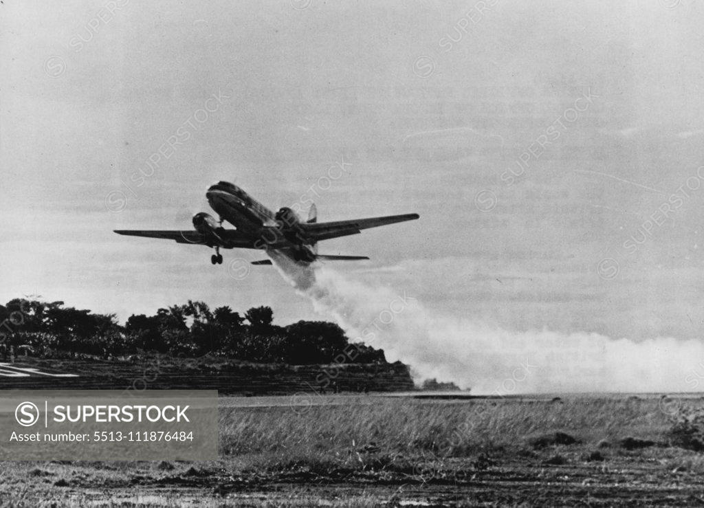 Stock Photo: 5513-111876484 Power Assisted Take-Off For Viscount Airliner -- The Vickers 'Viscoount' taking-off at Entebbe airfield during its tropical trials. The British Vickers "Viscount" airliner, the first in the world to be powered with project engines returned to Britain after completing extensive tropical and high-altitude trials in Africa. During her trials at Entebbe airfield in Uganda, the "Viscount" made several flights and the use of water-methanol was tested. This new increased power for take-off is supplied 