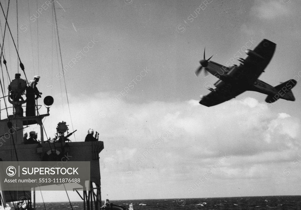 Stock Photo: 5513-111876488 Attack In The Bay -- With The West Union Fleet - A 'Sea Fury' of Fleet Air Arm storms in to attack the Netherlands escort vessel 'John Maurits' as she ploughs through the Bay of Biscay during the combined manoeuvres of the West Union fleets. During these manoeuvres - 'Exercise Verity', -in which ships of the Belgian, Butch and French navies co-operated with the British Home Fleet - submarines and aircraft made frequent attacks on the warships. Keynote of the exercise, designed to train the var