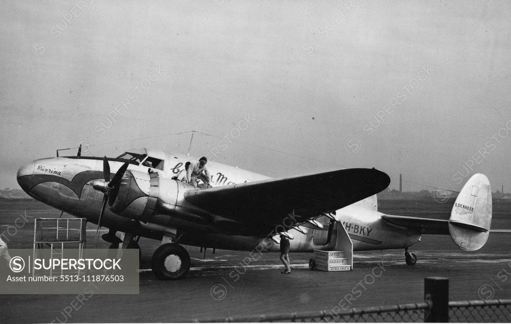 Stock Photo: 5513-111876503 Lockheed 14 Airlines "Riverina" owners. Curtis/Madsen Airlines. March 22, 1950. ;Lockheed 14 Airlines "Riverina" owners. Curtis/Madsen Airlines.
