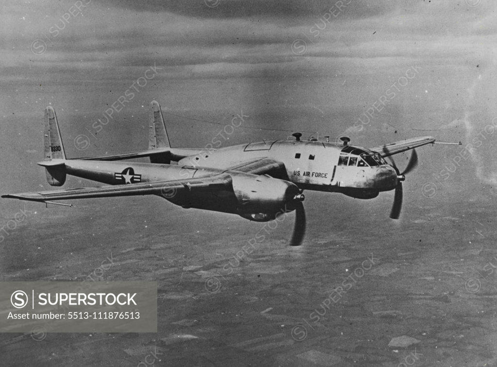 Stock Photo: 5513-111876513 New U.S. Air Force "Pack" Plane -- After successful flights with its cargo-carrying fuselage over the Fairchild Aircraft Division plant, the new XC-120 Pack plane for the U.S. Air Force was flight tested with the 'pod' or 'pack' removed. This feature enables heavy cargo and supplies to be flown to air strips near the front lines, the 'pod' or 'pack' removed and the wings to be flown back for another 'pod'. It could also return with an empty 'pod' to be reloaded or a load of litter patients. The 