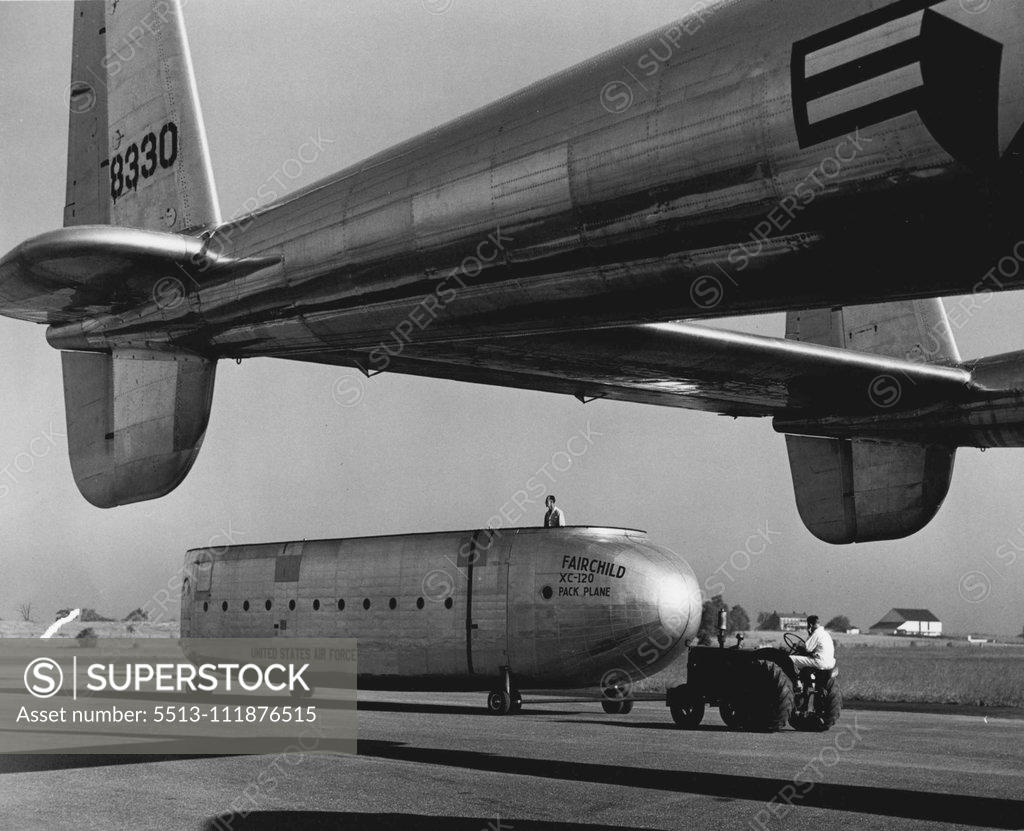 Stock Photo: 5513-111876515 By itself, the cargo-carrying fuselage or "pod" of the revolutionary new Fairchild XC-120 Packplane looks just like what it is - a trailer - truck of the air. The "pod" is easily towed away from the plane, either empty or full of cargo or equipment. October 01, 1950. (Photo by Dan Frankforter, Fairchild Aircraft).;By itself, the cargo-carrying fuselage or "pod" of the revolutionary new Fairchild XC-120 Packplane looks just like what it is - a trailer - truck of the air. The "pod" is easily towed