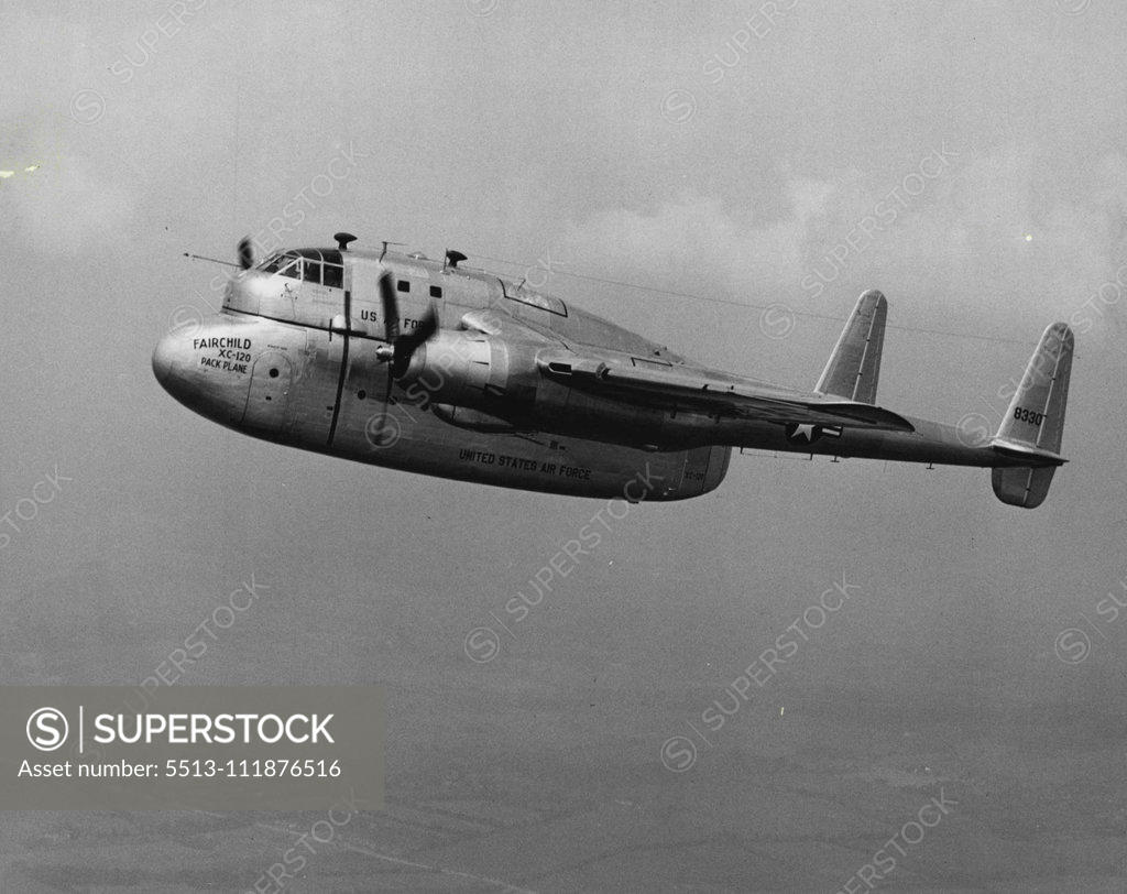 Stock Photo: 5513-111876516 First photograph of the revolutionary new Fairchild XC-120 Packplane in flight over the Fairchild Aircraft Division plant in Hagerstown, Md. On its maiden flight, the new Air Force cargo plane did not detach its cargo-carrying fuselage. October 01, 1950. (Photo by Dan Frankforter, Fairchild Aircraft).;First photograph of the revolutionary new Fairchild XC-120 Packplane in flight over the Fairchild Aircraft Division plant in Hagerstown, Md. On its maiden flight, the new Air Force cargo plane did 