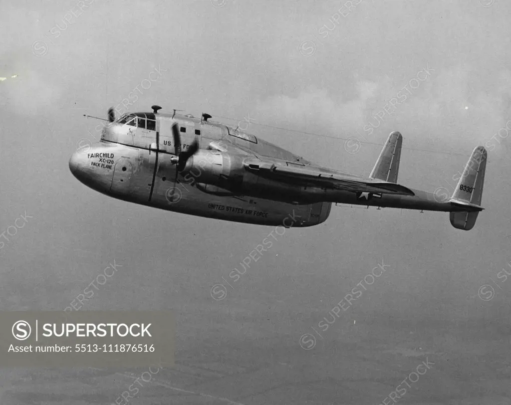 First photograph of the revolutionary new Fairchild XC-120 Packplane in flight over the Fairchild Aircraft Division plant in Hagerstown, Md. On its maiden flight, the new Air Force cargo plane did not detach its cargo-carrying fuselage. October 01, 1950. (Photo by Dan Frankforter, Fairchild Aircraft).;First photograph of the revolutionary new Fairchild XC-120 Packplane in flight over the Fairchild Aircraft Division plant in Hagerstown, Md. On its maiden flight, the new Air Force cargo plane did 