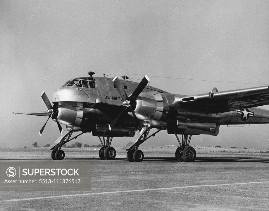 Stock Photo: 5513-111876517 This side view of the revolutionary new Fairchild XC-120 Packplane displays the specially-designed quadricycle landing gear developed for the plane. In this picture, the cargo-carrying fuselage has been detached and the plane itself is free to take off for another loaded "pod". October 01, 1950. (Photo by Dan Frankforter, Fairchild Aircraft).;This side view of the revolutionary new Fairchild XC-120 Packplane displays the specially-designed quadricycle landing gear developed for the plane. In thi