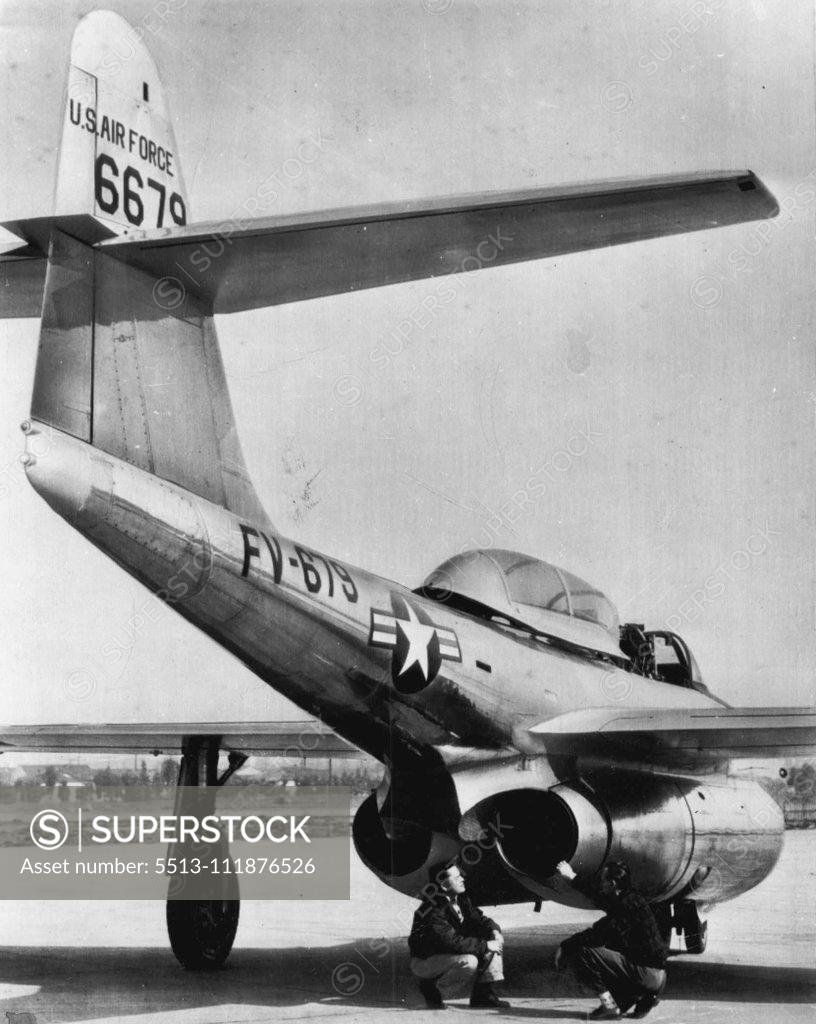 Stock Photo: 5513-111876526 Double-Barrelled Superbooster -- Jumbo-sized exhaust pipes, housing afterburners, are attached to the twin-jet engines of the Air Force's new Northrop Scorpion F-89 all-weather interceptor. The afterburners, a comparatively new aircraft powerplant development, are expected to greatly increase the Scorpion's rate of climb. They are attached to jet engines to provide additional thrust for brief intervals the Scorpion is being inspected here at the Northrop plant at Hawthorne, calif. April 16, 1950