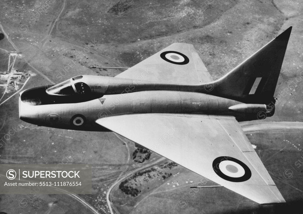 Stock Photo: 5513-111876554 New British Tail-Less Plane Undergoing Test Flights -- A first picture (air to air) ***** new British tail-less Delta type aircraft, the Boulton Paul P III which is undergoing flights at the Ministry of Supply's Aircraft and Armament Establishment (Experimental). It is designed and built by Boulton and Paul Aircraft Ltd. for the Ministry of Supply, and will be used for high speed aero dynamic research The P.III is a single seater, powered by a Rolls Royce None turbo jet engine and is of the tail