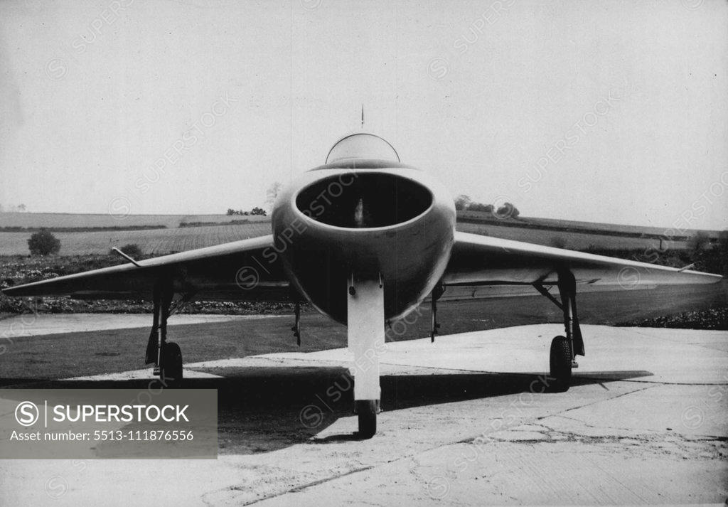 Stock Photo: 5513-111876556 Britain's Latest Tailless Aircraft -- Details are just released of an unorthodox new tail-less aeroplane which has now made its firsts flight. Designed and built by Boulton Paul, of Wolverhampton, for the Ministry of Supply, is known us the P. III and will be used for high-speed aerodynamic research. It is powered by a Rolls Royce ***** engine, and is of the tail-less type ***** of "delta" plane form. Length is 28ft. lin., ***** and height over fin 12ft. 6½in. October 12, 1950.;Britain's Latest 