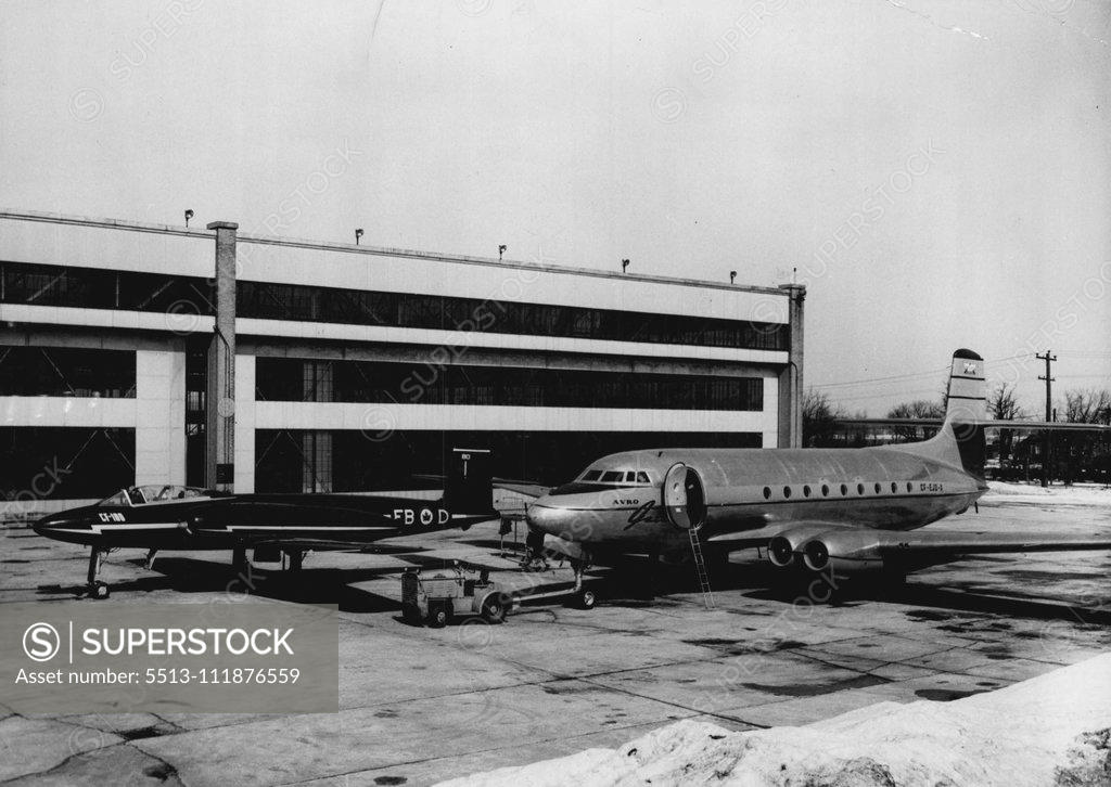 Stock Photo: 5513-111876559 The Avro Jetliner and the Avro CF-100 fighters are seen in the first photograph taken together at Avro Canada near Toronto being readied for demonstration flights around the world, The Jetliner, America's first jet transport, makes its international debut when it flies to New York April 18, slashing the present airline time on the same route by half, It will be the first appearance in the United States of a jet transport. Both the Jetliner and the CF-100 are going to fly the North Atlantic this 