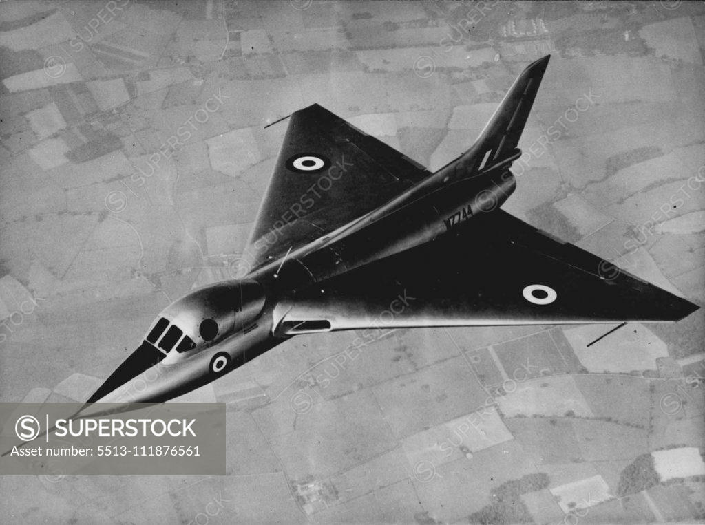 Stock Photo: 5513-111876561 New Dual-Control Delta In Flight -- Here's the first in-flight picture of Britain's new dual-control, Avro (A.V. Roe) delta-wing 707C Research plane. The first flight was made July 1, from Waddington airfield at Lincoln near the A.V. Roe works. The 707C Powered by a Rolls Royce derwent engine, is designed to assist pilots in flight familiarization with with deltas, hence the dual control. At the controls for the first flight was squadron leader J.B. Wales, OBE, DFC, TD, AVRO test pilot. July 1, 