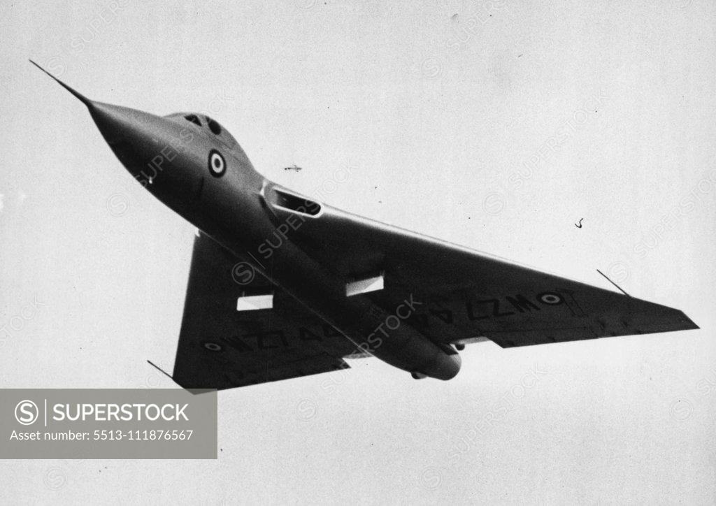 Stock Photo: 5513-111876567 Flying Display And Exhibition Opens Today At Farnborough Aerodrome, Hants -- One of the Avro type 707 Delta-wing research aircraft seen in flight during the Farnborough display. Large crowds to-day attended the 1953 Flying Display and Exhibition, showing the products of the members of the Society of British Aircraft Constructors, which opened to-day at Farnborough Aerodrome, Hants. September 7, 1953. (Photo by Fox Photos).;Flying Display And Exhibition Opens Today At Farnborough Aerodrome, Hants