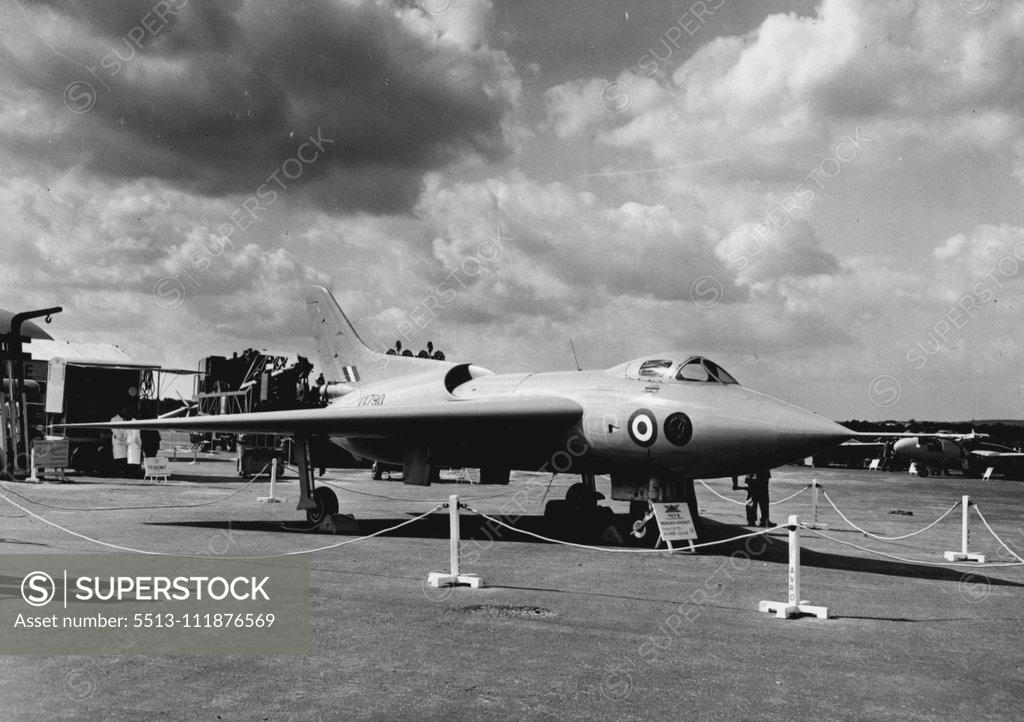 Stock Photo: 5513-111876569 The Avro Jet Research Plane At The Farnborough Display -- The Avro 707 Delta wing research aircraft powered by Derwent (Rolls Royce) engines, seen at the Society of British Aircraft Constructors show, Farnborough. September 7, 1950. (Photo by Fox Photos).;The Avro Jet Research Plane At The Farnborough Display -- The Avro 707 Delta wing research aircraft powered by Derwent (Rolls Royce) engines, seen at the Society of British Aircraft Constructors show, Farnborough.