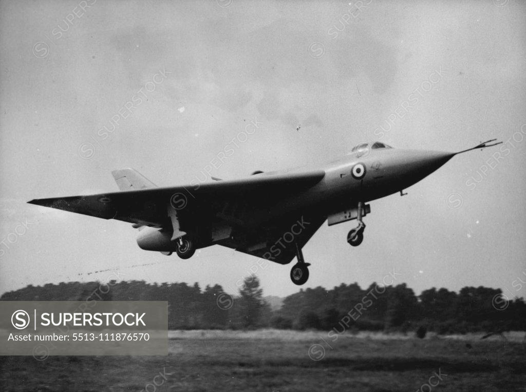 Stock Photo: 5513-111876570 Delta Wing Plane On View -- The A.V. Roe type 707, Delta-wing research aircraft is seen in flight at a preview of the society of British Aircraft constructors display at the Royal Aircraft Establishment, Farnborough today, September 10. The 707 is powered by a Rolls-Royce derwent turbo-jet engine. The show will be open to the public from September 12. September 10, 1951. (Photo by Associated Press Photo).;Delta Wing Plane On View -- The A.V. Roe type 707, Delta-wing research aircraft is seen in 