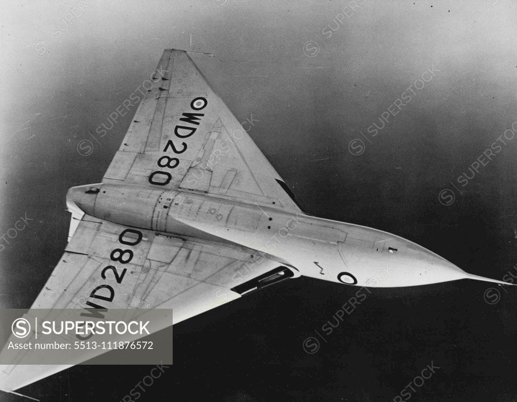 Stock Photo: 5513-111876572 ***** Prove Themselves As Shape Of The Future -- This is one of a new air-to-air shot of the Avro 707A delta high-speed research aircraft taken during one of the scores of successful test flight which form part of a big development programme. Clearly shown are the air intakes at the wing roots. The Avros Company states that since the 707A fir flow in July this year now data have been gathered which point the way to acceptance of the delta wing as the inevitable shape for many aircraft types in t