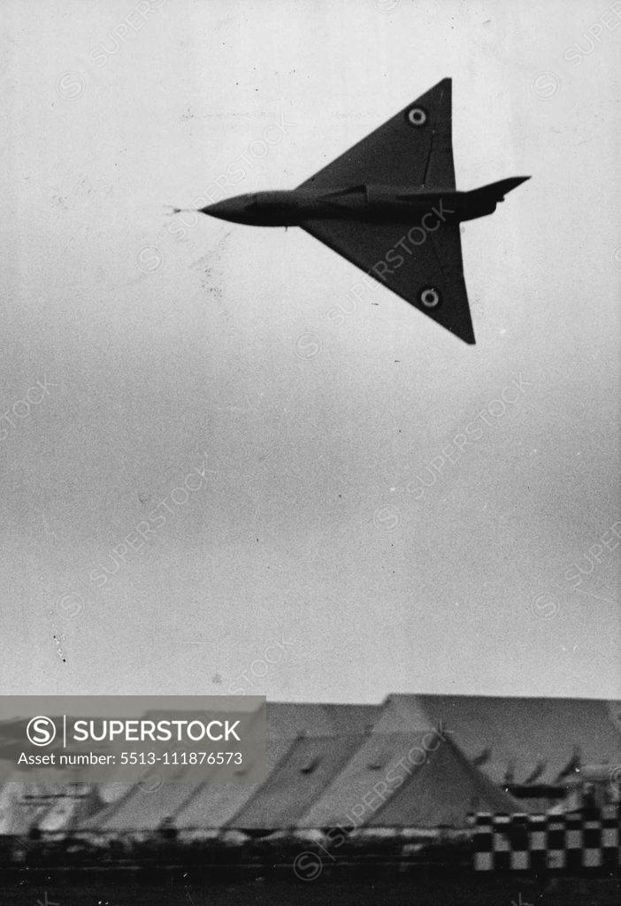 Stock Photo: 5513-111876573 Britain In The Air At Farnborough -- Photograph at the Farnborough Display, the A.V. Roe Co's Type 707 delta-wing research aircraft, powered by one Rolls Royce Derwent turbo-jet engine. The latest developments in British aircraft design and construction are on show at the Society of British Aircraft Constructors display at present held at Farnborough. September 12, 1951. (Photo by Fox Photos).;Britain In The Air At Farnborough -- Photograph at the Farnborough Display, the A.V. Roe Co's Type 707 