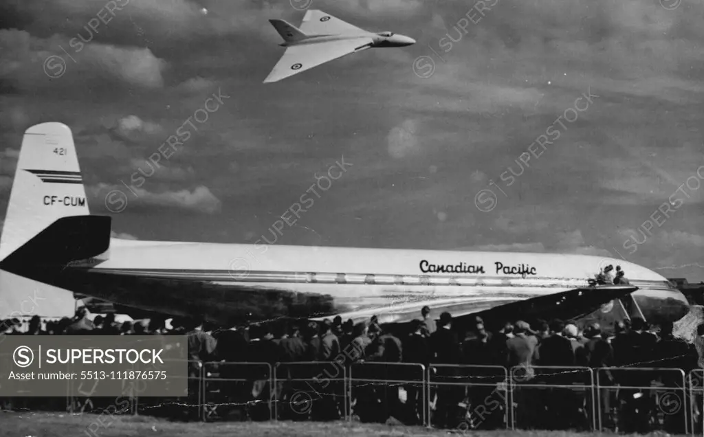 Below it flies above the De Havilland Comet jet liner constructed for Canadian Pacific Airlines, the first sold outside England. September 9, 1952. ;Below it flies above the De Havilland Comet jet liner constructed for Canadian Pacific Airlines, the first sold outside England.