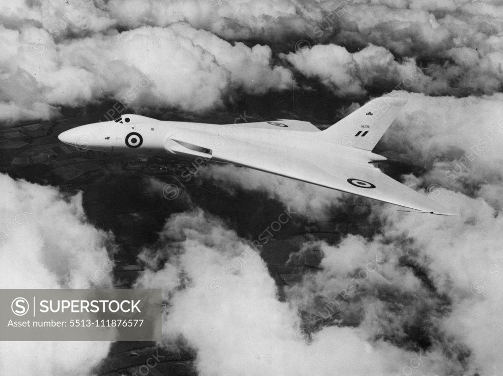Stock Photo: 5513-111876577 World's First Delta-Jet Bomber-New Picture -- This is a new picture of the world's first four-jet operational delta bomber, the Avro 698. The Delta shape enables the aircraft to fly faster, higher and and farther with a bigger load and with greater economy than anything else in the world. The 698 made its first flight on August 30 and flew many times for thrilled crowds during the week-long Farnborough air display. But so secret is the aircraft that the Ministry of Supply did not allow it to la