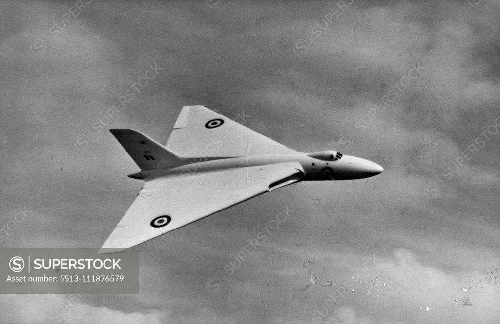 Stock Photo: 5513-111876579 The Avro 698 At Farnborough -- The Avro 698 flying in the present Farnborough air display. The four-engined jet bomber the Avro 698 has been making regular appearances in the Farnborough, Hants, air display organized by the society of British aircraft constructors. The Avro 698 is believed to have world superiority in bomb load range, speed and ceiling. It flew for the first time on august 30 this year. September 4, 1952. (Photo by Paul Popper).;The Avro 698 At Farnborough -- The Avro 698 flyin
