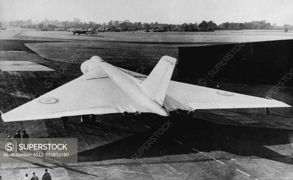 Stock Photo: 5513-111876580 Britain's New ***** -- This official British picture is the first to be released of the new British Avro A698 -the World's first four-jet delta-wing bomber. Security restrictions on the plane were lifted tonight August 30 after the plane made its Maiden flight at Woodford aerodrome, Cheshire. The jet bomber has a speed approaching that of sound, can carry a very large bomb load over great distances, and is, designed to fly at altitudes which, will give it a great degree of immunity from ground 