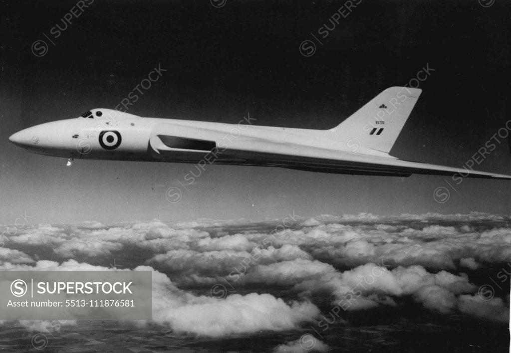 Stock Photo: 5513-111876581 Faster, Higher And Further - With The Delta-Wing -- A new air-to-air picture of the Avro ***** the world's first operational delta-wing, ***** jet bomber. ***** gleaming-white, top-secret aircraft is flown, ***** handed, by test pilot "Roly" Falk. ***** its Delta shape, the Avro 698 is able to ***** faster, higher and further with a bigger load more economically than anything else in the world. It has been ordered in quantity for the Royal Air Force. September 16, 1952. (Photo by Planet News Ltd