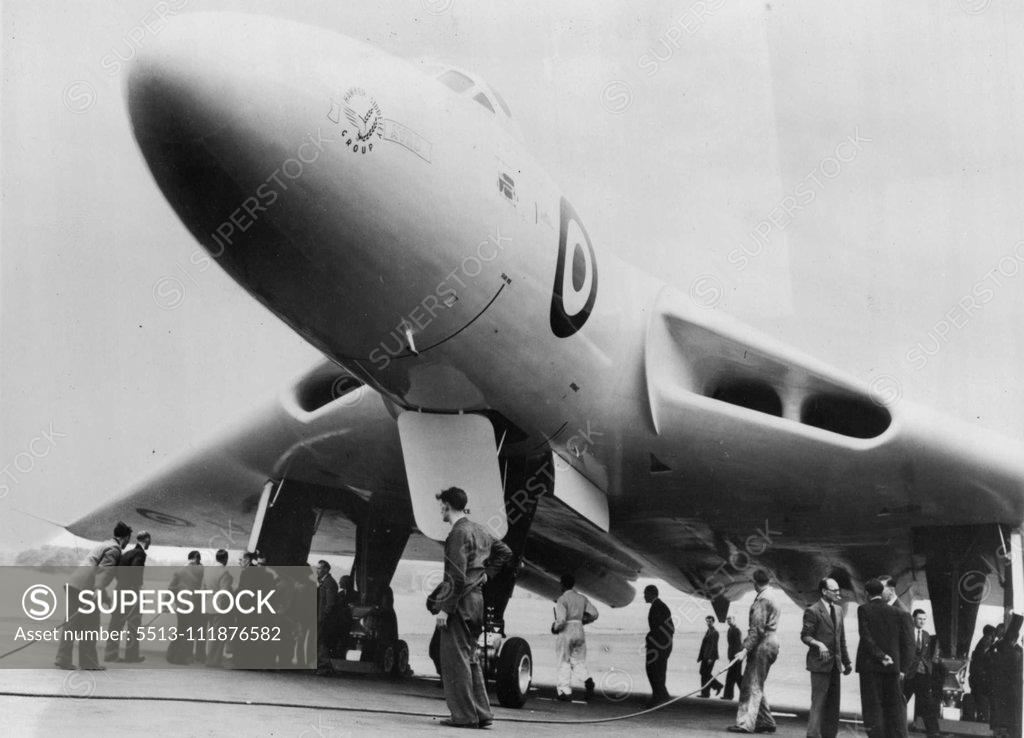 Stock Photo: 5513-111876582 Britain's Four-Jet Delta Bomber May Fly Over Air Show -- An impressive view of Britain's first delta-wing jet bomber - probably the only one of its kind in the world - the Avro 698. The plane made a 36 minutes maiden flight recently, and is expected to put in a flying appearance at the society of British Aircraft Constructor's show at Farnborough, Hampshire. It has been disclosed that the British Government decided to order an appreciable number for Royal Air Force without waiting flight trails.