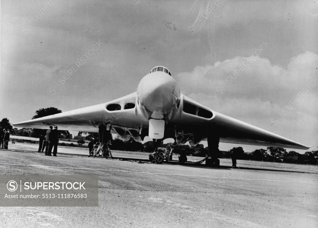 Stock Photo: 5513-111876583 First Delta-Winged Jet Bomber On View -- The Avro 698, the first delta winged jet bomber, being prepared for a test flight. Some of the world's most advanced military and civil ***** are on view at the Society of British Aircraft ***** display at Farnborough, Hants., which ***** yesterday 1st Sept. Among the latest aircraft to make an appearance during the flying displays is world's first delta winged jet bomber, the Avro 698. September 2, 1952. (Photo by Fox Photos).;First Delta-Winged Jet Bomb
