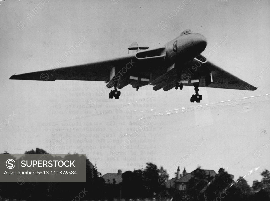 Stock Photo: 5513-111876584 Britain's New Jet Bomber In Flight -- The new Avro 698 in flight. On Saturday (August 30th) Britain took off the secret list the world's first four-engined operational delta bomber, the Avro 698. On the same day the new jet aircraft successfully made its first flight. Afterwards, Mr. Duncan Sandys, Minster of Supply disclosed that the Government had ordered an appreciable number' of these new bombers without writing for the prototype to carry out the usual flying trails. Designed to fly at alti