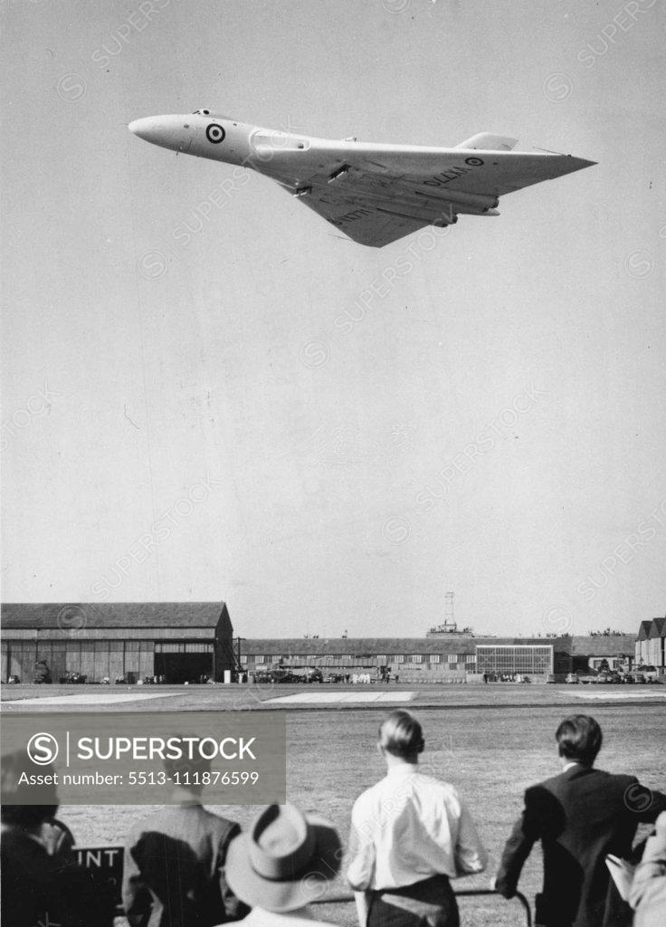 Stock Photo: 5513-111876599 The Vulcan Shows Its Paces -- Flashing over the crowd at the flying display and exhibition here is the A.V. Roe Delta Vulcan, a four jet-engine bomber, which is in 'super-priority' production for the R.A.F. The Society of British Aircraft Constructors' show officially opens tomorrow, although the public will not be admitted until Friday. September 7, 1953. (Photo by United Press Photo).;The Vulcan Shows Its Paces -- Flashing over the crowd at the flying display and exhibition here is the A.V. Ro