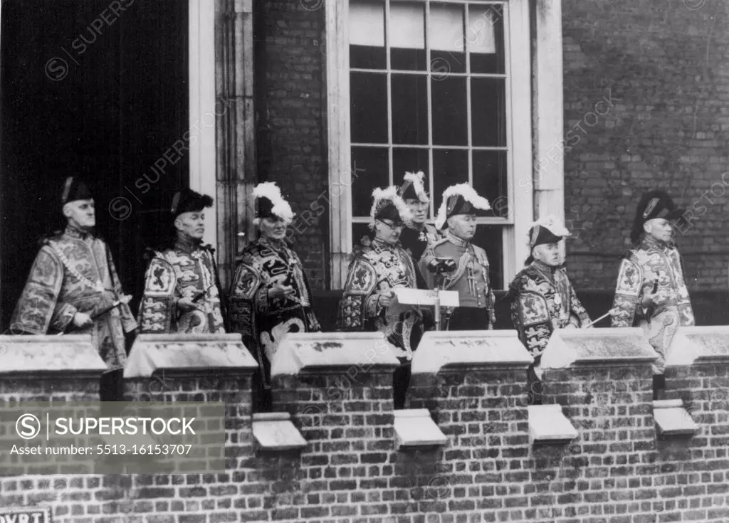 Elizabeth Proclaimed Queen. Garter King of Arms Sir George Bellew reads the first public proclamation of the accession of Queen Elizabeth, from the balcony of Friary Court, St. James's Palace, London. February 8, 1952.