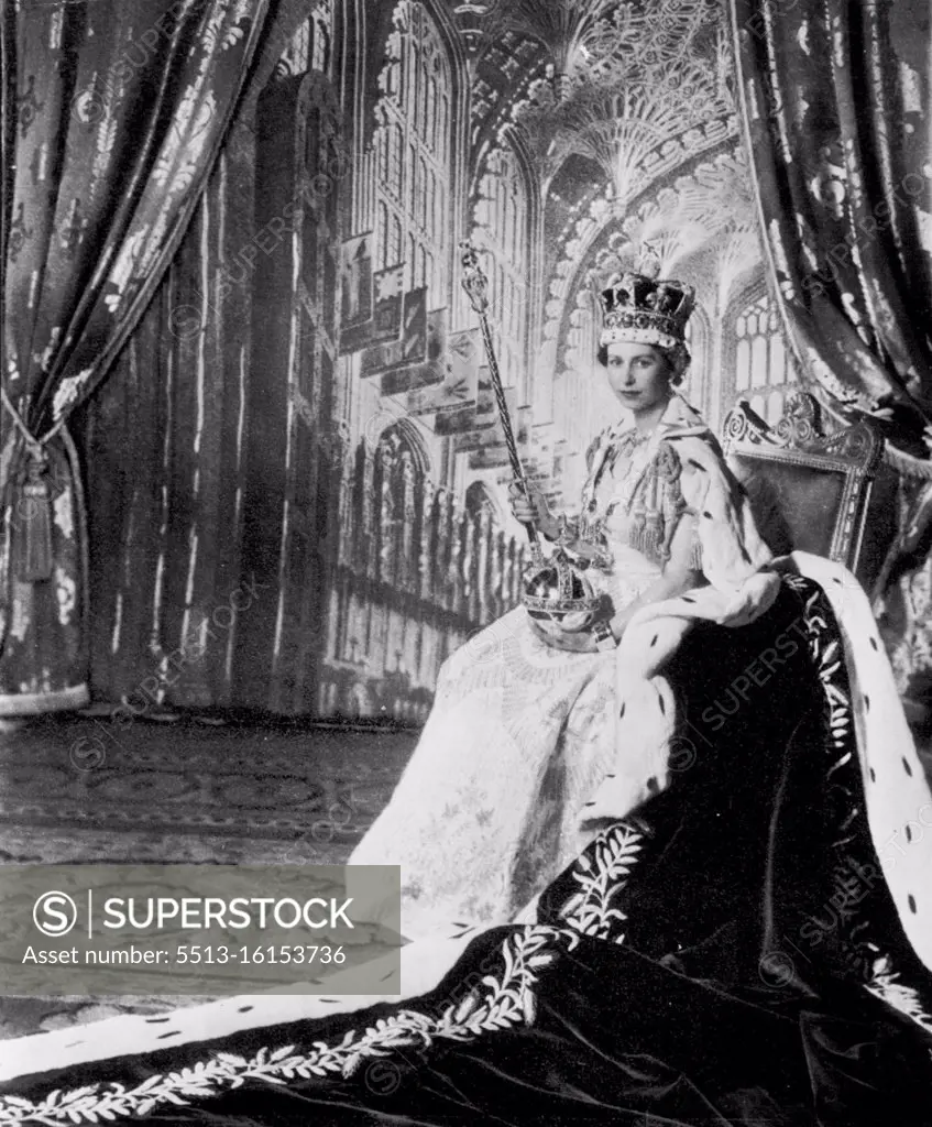 Regal Bearing -- Queen Elizabeth II, attired in her coronation dress and purple velvet robe, poses in Throne Room of Buckingham Palace after her coronation June 2. On her head is the Imperial Crown which she will wear on state occasions. In her left hand she hold the Orb, emblem of sovereign power and in her right hand the Scepter with Cross, ensign of kingly power and justice. On her wrists she wears the armills, or bracelets of sincerity. The backdrop for this photo by Cecil Beaton represents Henry VII Chapel in Westminster Abbey. June 09, 1953. (Photo by AP Wirephoto).