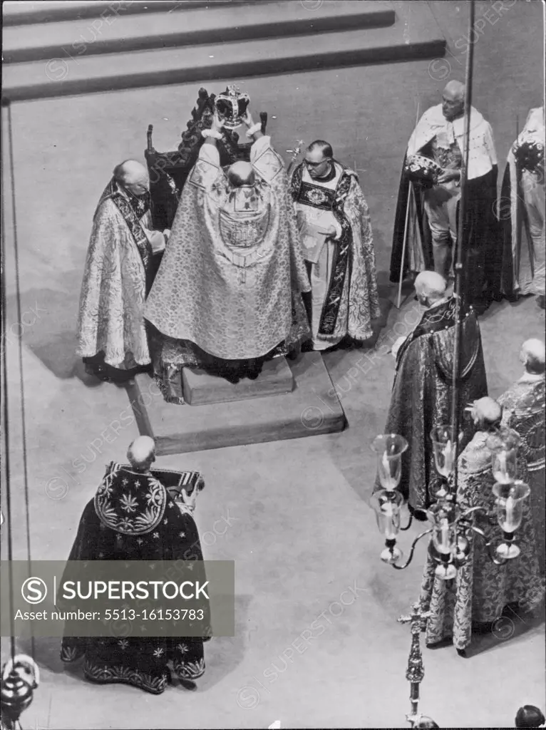Coronation Of Queen Elizabeth II -- The Queen is crowned. The climax of the great abbey Ceremony to-day. June 02, 1953. (Paul Popper Ltd.).