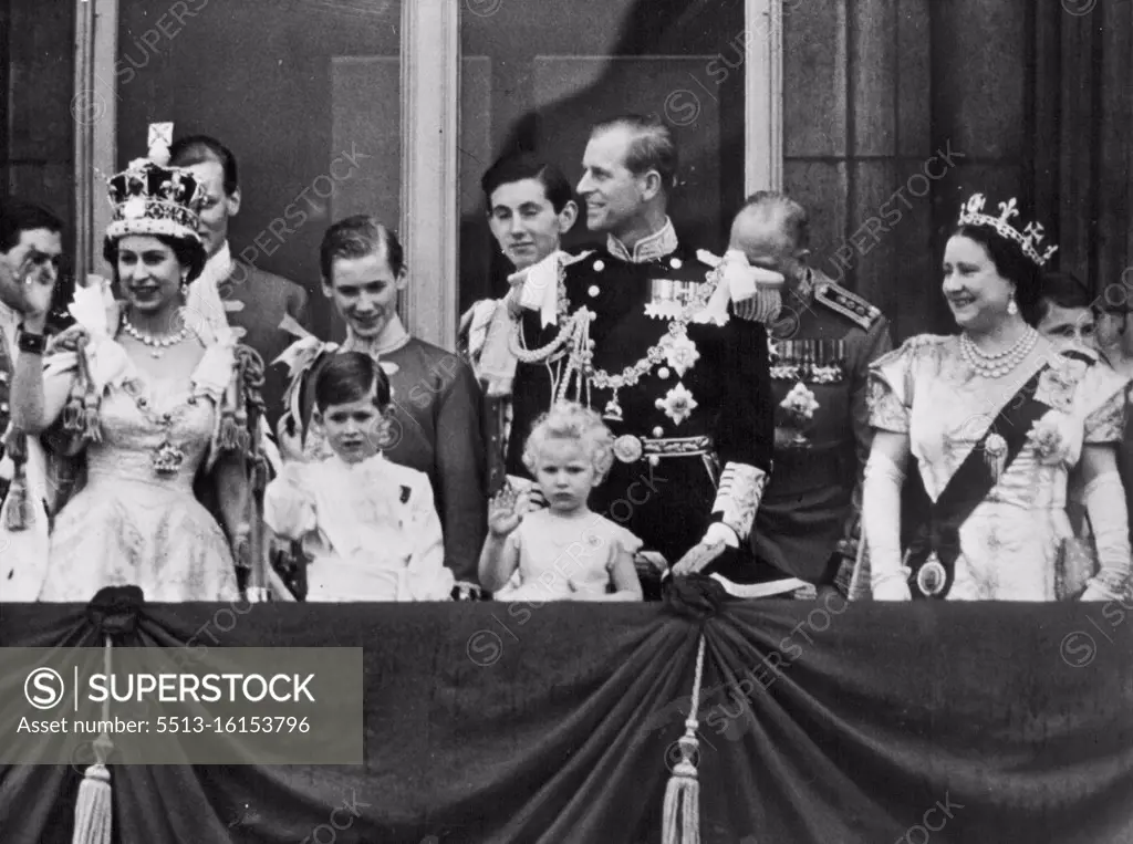 Her Majesty Greets Her Subjects -- To the hundreds of thousands of her subjects and many foreign visitors, her majesty, waves a friendly greeting from the palace balcony this evening.....With the queen can be seen the Queen mother... The duke of Edinburgh...Princess Margaret.. The duke of Gloucester...Prince Charles, and princess Anne. Same place, a different time.. a flashback to 1953 when the Royal family stood on that same balcony after the Coronation. June 02, 1953. (Photo by Paul Popper)