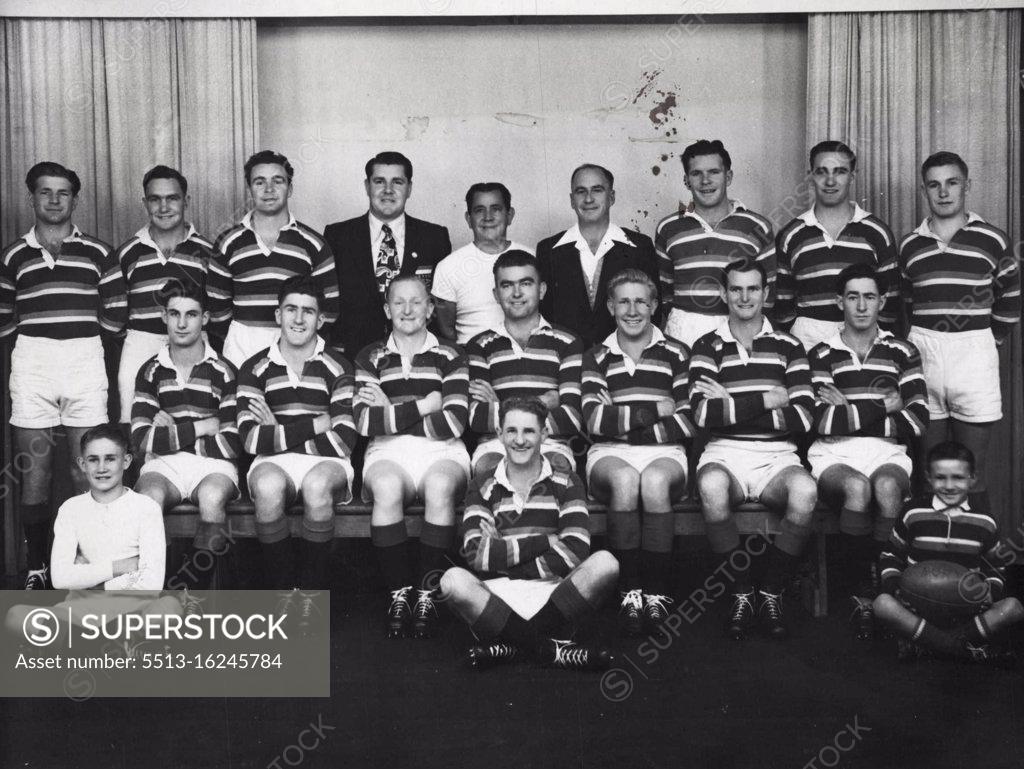 Stock Photo: 5513-16245784 Premiers: North Tamworth Rugby League side, winners of the 2TM championship shield. The team played 15 matches, won 14. January 06, 1952. (Photo by Solomons Studios).