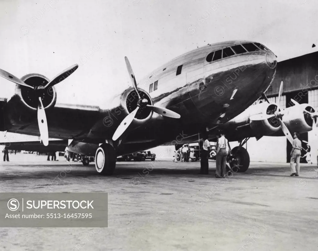 For Substratosphere Flights - The huge $300, 000 Boeings Stratoliner pictured recently after it landed at the grand central air terminal here after a flight from its home base in Seattle, Washington. The plane was flown by Howard Hughes, Noted sportsman and pilot, who will take it into the Substratosphere on several flights soon. July 17, 1939. (Photo by Wide World Photo).