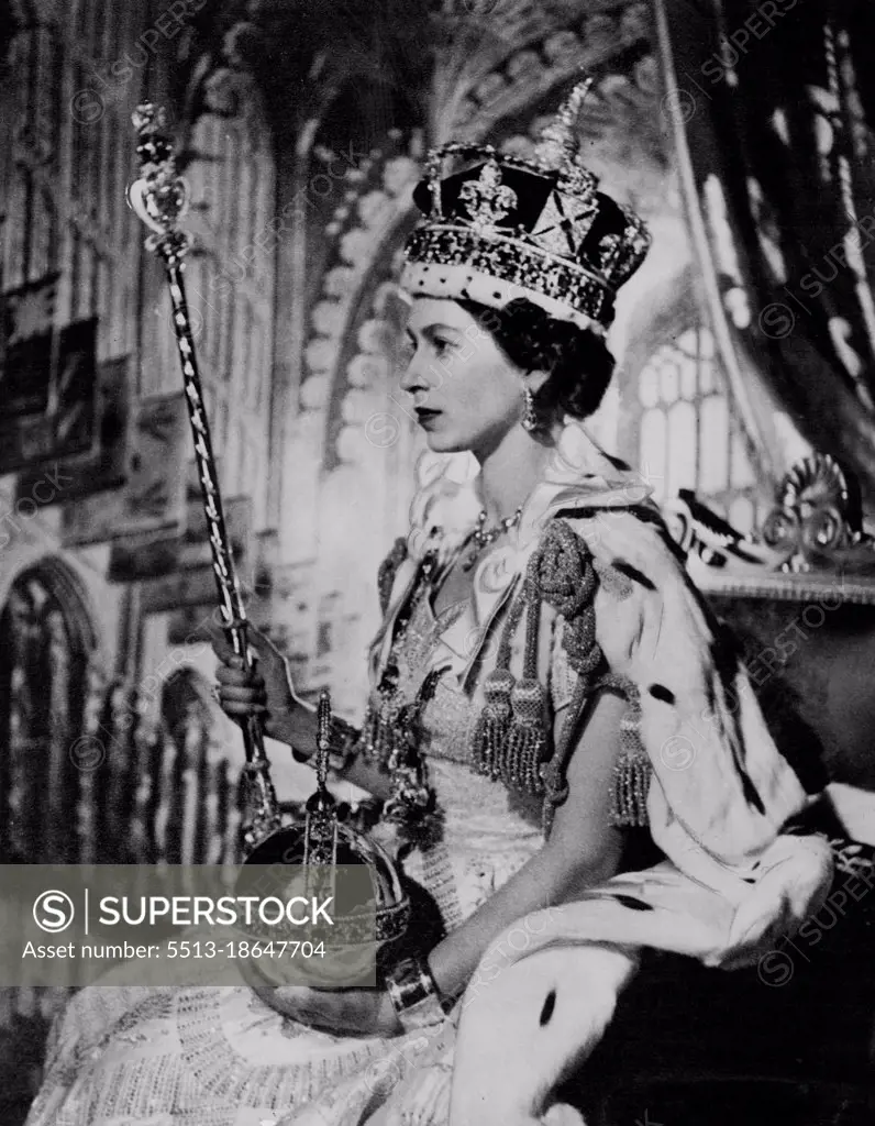 The Queen At Her Coronation New Picture -- London just released is this Cecil Beaton picture of Queen Elizabeth II, wearing the Imperial State Crown and holding the Orb, and Sceptre after her Coronation in Westminster Abbey. June 05, 1953. (Photo by United Press Photo).