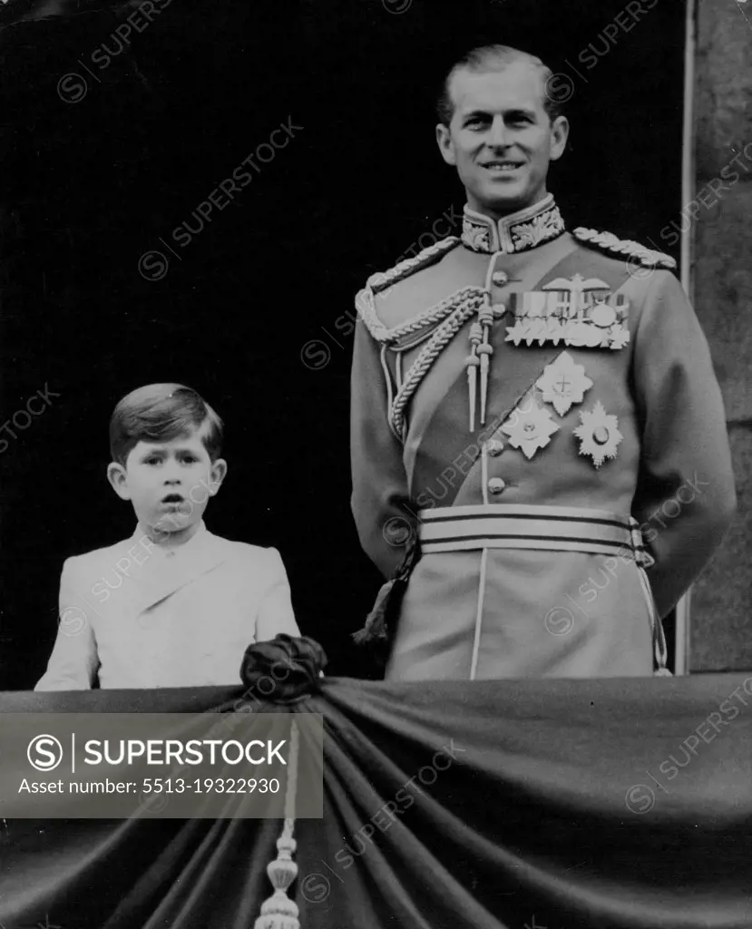 Father And Son On The Palace Balcony :H.R.H. smiles as he stands on the balcony of Buckingham Palace, accompanied by his small son, Prince Charles Duke of Cornwall, to receive the acclaim of the crowds below.After today's Trooping the Colour Ceremony to mark the Queen's official birthday, members of the Royal Family appeared on the balcony of Buckingham Palace and were given a tremendous ovation by the crowds below, who remained to cheer in spite of the rain. June 11, 1953. (Photo by Fox Photos).