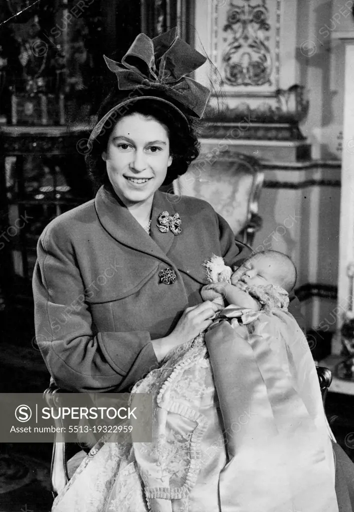 Baby Prince Christened At Buckingham Palace :A happy picture of Princess Elizabeth and her infant son Prince Charles taken in Buckingham Palace after the Christening ceremony today.Prince Charles, as Princess Elizabeth's son will be known to the nation, was christened Charles Philip Arthur George in a ceremony at Buckingham Palace, London this afternoon (Wednesday) when Dr. Fisher, Archbishop of Canterbury officiated Prince Charles's sponsors were: The King, Queen Mary, Princess Margaret, King Haakon of Norway, Prince George of Greece, the Dowager Marchioness of Milford Haven, Lady Brabourne and the Hon. David Bowes-Lyon. December 15, 1948. (Photo by Reuterphoto).