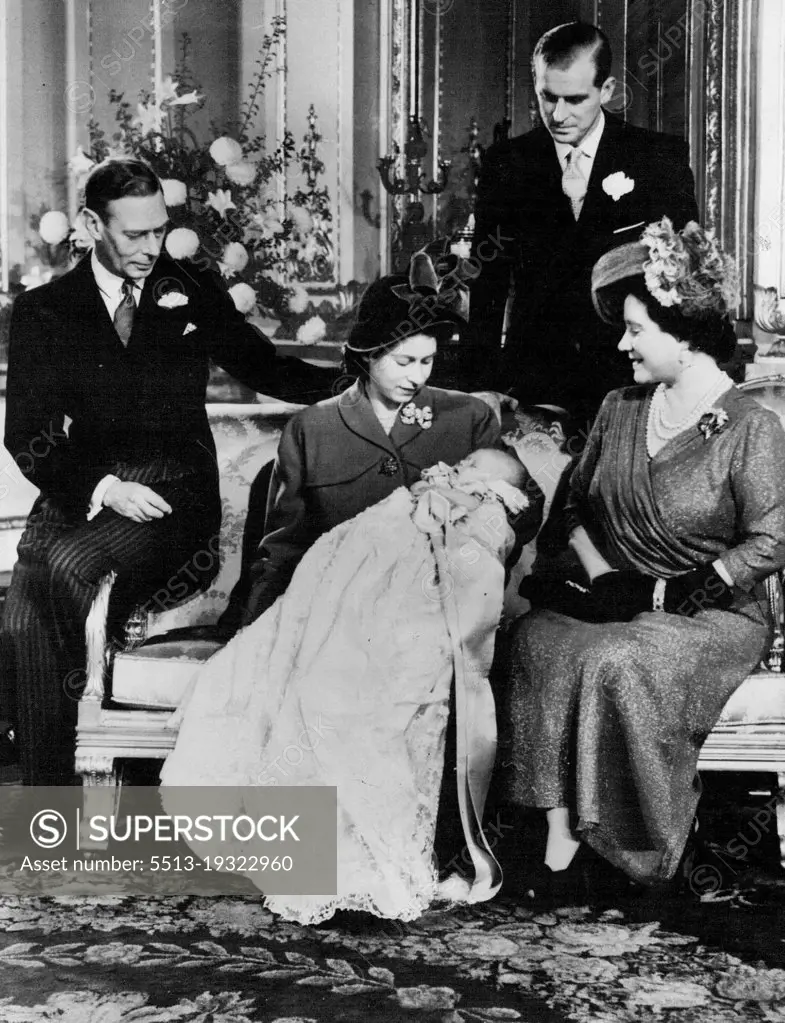 Royal Baby Christened At Buckingham Palace : First Picture of Princess Elizabeth With Son.The first picture of the baby Prince Charles - and the King since his illness - taken at Buckingham Palace. The King is seen seated at left with the Duke of Edinburgh (Standing) Princess Elizabeth (holding baby Prince Charles) and the Queen Elizabeth. All are admiring the young Prince.Prince Charles, baby son of Princess Elizabeth and the Duke of Edinburgh was christened at Buckingham Palace, the Archbishop of Canterbury Dr Geoffrey Fisher, officiating.The baby was named Charles Philip Arthur George and will be known as Prince Charles of Edinburgh. December 15, 1948.