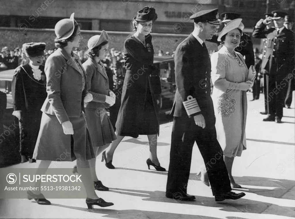Royal Family Attend Thanksgiving Service At St. Pauls Cathedral -- The King and Queen with Princess Elizabeth, Princess Margaret Rose and the Duchess of Kent arriving for the service. The King and Queen, accompanied by the Princesses, attended a Thanksgiving Service for the North African victory, at St. Pauls Cathedral, London. May 19, 1943.