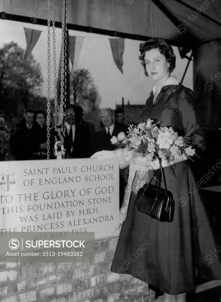 Well and Truly Laid - Princess Alexandra lays the foundation stone of S. Paul's Church of England Primary School in Walworth, South-East London, this afternoon, (Friday). It is hoped that the finished building will be ready for occupation in the summer Term of 1956. May 6, 1955. (Photo by Reuterphoto).