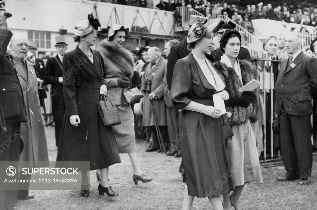 France Wins The Derby -- T.R.H. Princess Elizabeth and Princess Margaret (right) and the Duchess of Kent and Princess Royal arriving on the course. "Galcador" owned by M. Soussac and ridden by R. Johnstone won the English Derby at Epson. "Prince Simon" , the favourite, was second and "Double Eclipse" - and outsider at 40 to 1 was third. May 27, 1950. (Photo by Sport & General Press Agency, Limited).