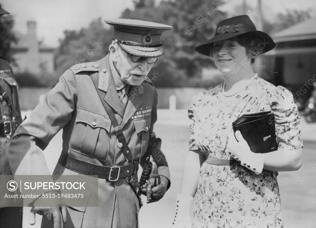 Rotary - England - Duke of Connaught. Aged Duke Of Connaught Inspects Military Police At Aldershot -- The Duke of Connaught chatting with Mrs. P. C. Stilwell, wife of the Regimental Sergeant Major, during his visit to Aldershot. The 89-year-old Duke of Connaught, great-uncle of King George, made one his now rare appearances in uniform when he inspected the Military Police at Aldershot, Hampshire. The Military Police, a war establishment,paraded complete with transport and equipment. August 17, 1939.
