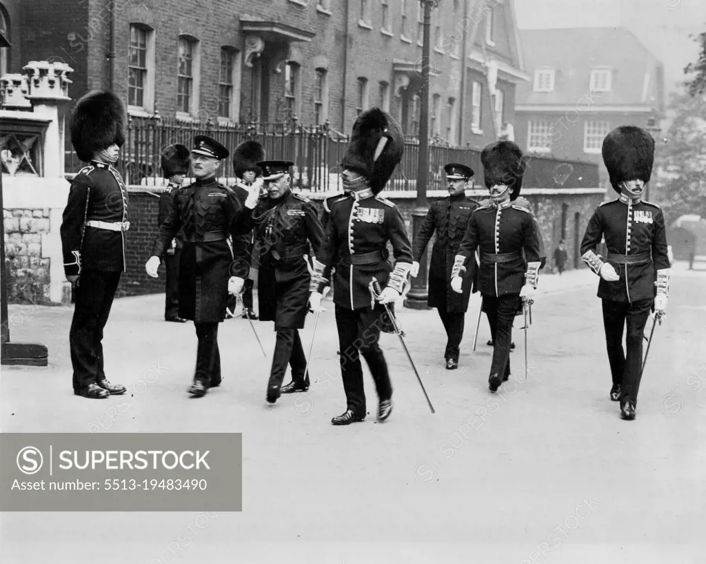 Duke of Connaught saluting is still a soldierly ***** at 81. He is seen inspecting the 2nd. Battalion ***** Grenadier Guards at the Tower of London. June 24, 1931.