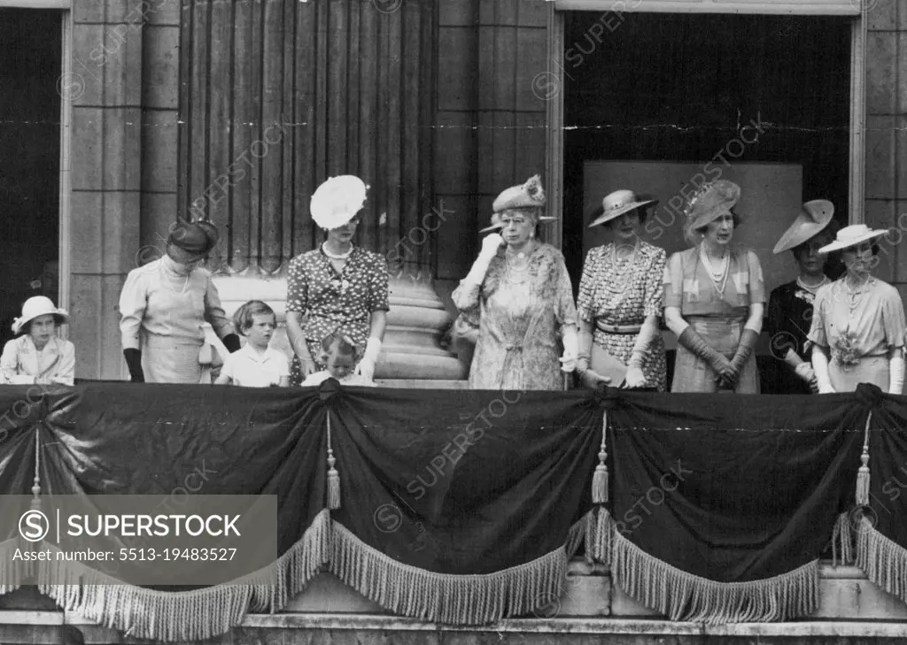 Trooping the colour on the Horseguards parade. H.R.H. the Duke of Glouster deputised for H.M. The King. H.M. Queen Mary attended the ceremony, This being her first outing since her recent accident. The Royal group on the balcony (L-R) Princess Margaret Rose, the Duchess of Kent with her two children, Queen Mary, and extreme right the Duchess of Gloucester. June 08, 1939. (Photo by Sports & General Press Agency Limited).