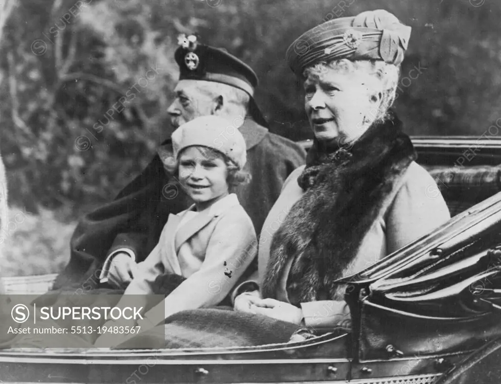***** Little Princess Elizabeth. ***** Princess Elizabeth who is with the ***** Balmoral, recently attended services ***** time at Crathie Church, year Balmoral, ***** Queen, Duke and Duchess of York. ***** and Queen and Princess Elizabeth ***** Crathie Church. December 09, 1932. (Photo by Wide World Photos).