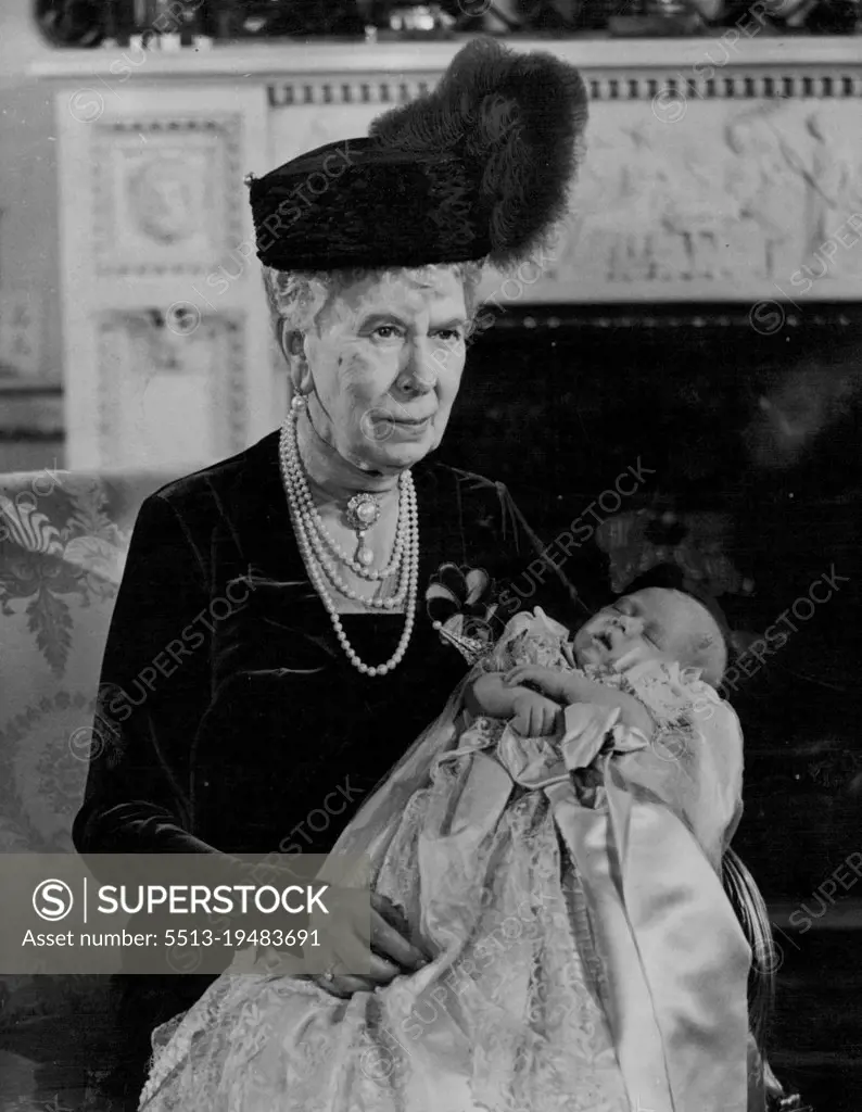 Baby Prince Christened At Buckingham Palace -- Great grandmother admires the baby Prince. Queen Mary proudly holds the little Prince Charles after the christening at Buckingham Palace today. Princes Charles, as Princess Elizabeth's son will be known to the nation. was christened Charles Philip Arthur George in a ceremony at Buckingham Palace, London this afternoon (Wednesday), when Dr. Fisher, Archbishop of Canterbury officiated. Prince Charles's sponsors were: The King, Queen Mary, Princess Margaret, King Maakon of Norway, Prince George of Greece, the ***** Marchioness of Mllford Haven, Lady Brabourne and the Hon. David Bowes-Lyon. December 15, 1948. (Photo by Reuterphoto).
